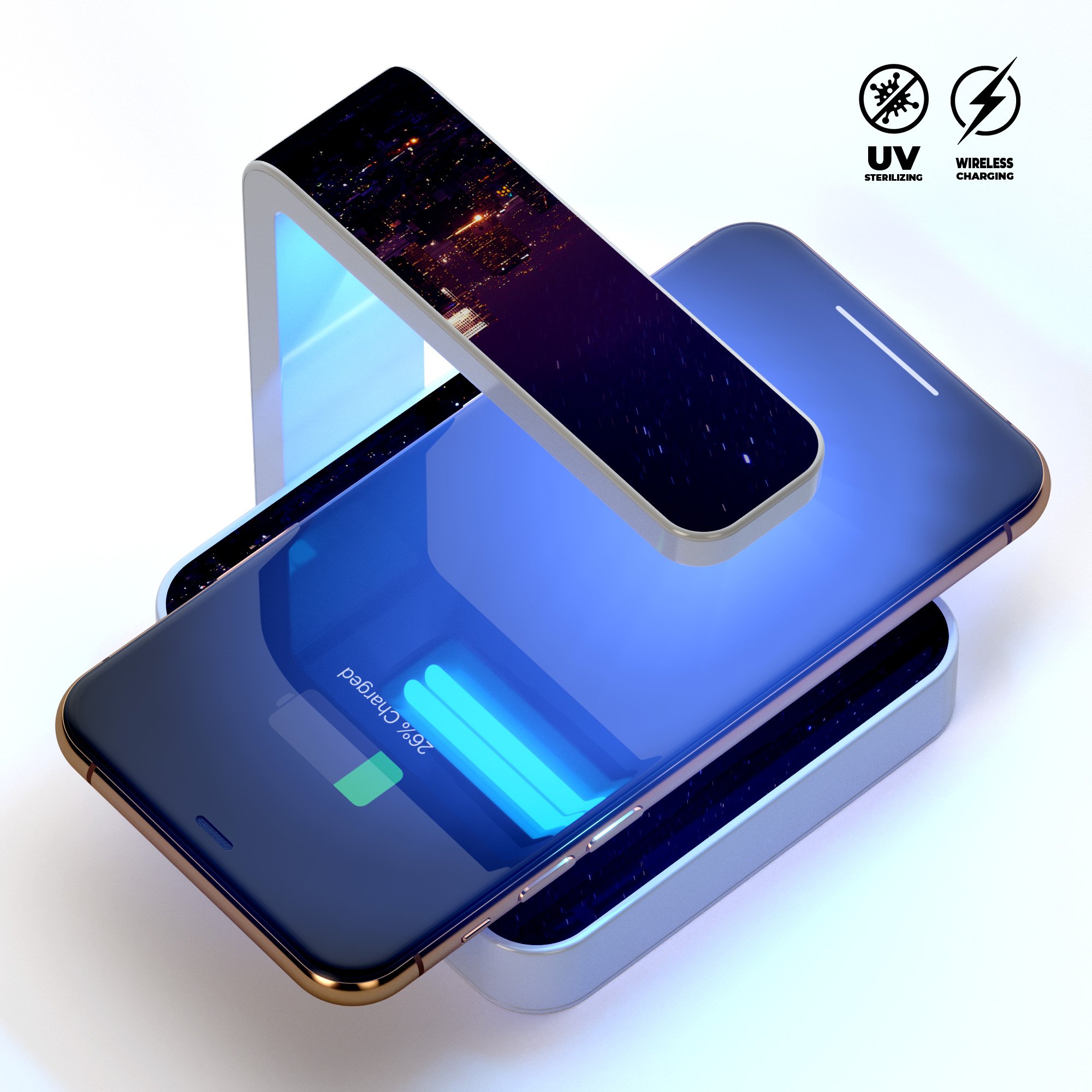 Night City Los Angeles UV Germicidal Sanitizing Wireless Charger with phone on top, showcasing its sleek design and sterilizing lamp.